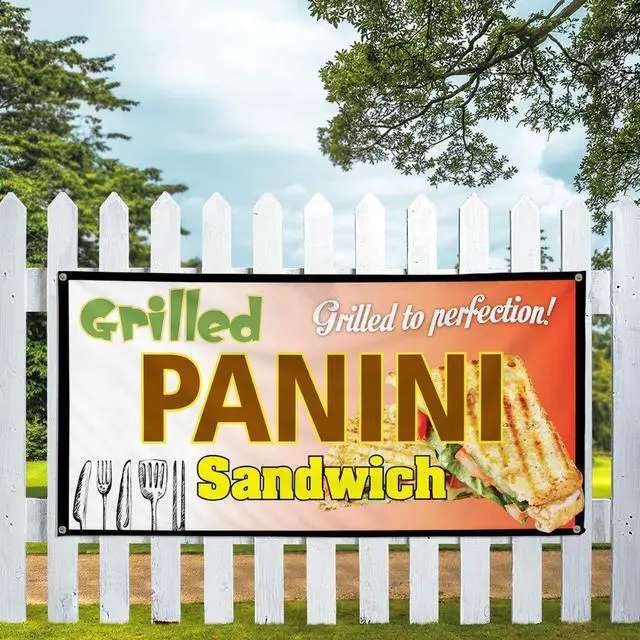 Alt view image 5 of 7 - Vinyl Banner Multiple Sizes Panini Sandwich Grilled to Perfection! Business Outdoor Weatherproof Industrial Yard Signs Brown 10 Grommets 60x144Inches