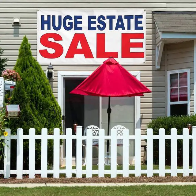 Alt view image 3 of 6 - Vinyl Banner Multiple Sizes Huge Estate Sale Red Blue Business Outdoor Weatherproof Industrial Yard Signs 10 Grommets 60x144Inches