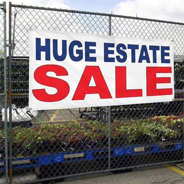 Alt view image 4 of 6 - Vinyl Banner Multiple Sizes Huge Estate Sale Red Blue Business Outdoor Weatherproof Industrial Yard Signs 10 Grommets 60x144Inches