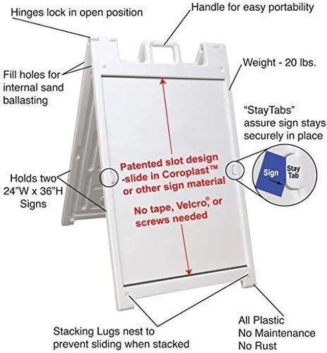 Main image of White Plastic Sidewalk Sign with Inserts and Lenses for 24 x 36 Graphics A-Frame Sandwich Board for Outdoor Use, Built-in Handle