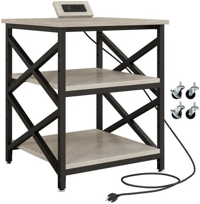 Main image of Large Printer Stand with Power Outlet, with Height Adjustable Storage Shelf, 3 Tier Rolling Printer Cart with Industrial Wheels, 23.6 x 23.6 Inches Printer Table for Home Office, Greige