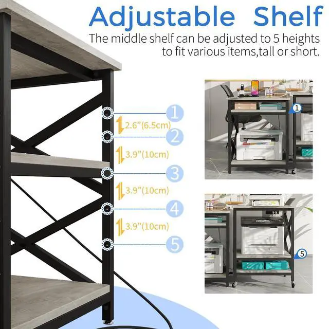 Alt view image 5 of 7 - Large Printer Stand with Power Outlet, with Height Adjustable Storage Shelf, 3 Tier Rolling Printer Cart with Industrial Wheels, 23.6 x 23.6 Inches Printer Table for Home Office, Greige