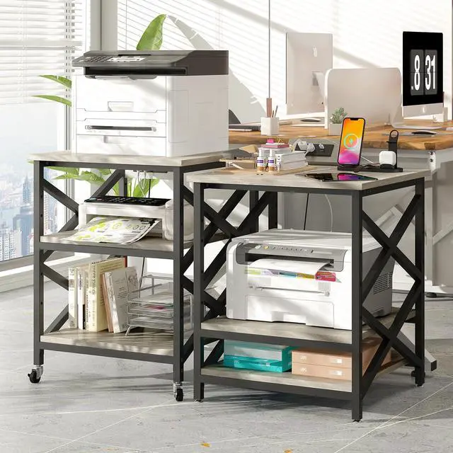 Alt view image 2 of 7 - Large Printer Stand with Power Outlet, with Height Adjustable Storage Shelf, 3 Tier Rolling Printer Cart with Industrial Wheels, 23.6 x 23.6 Inches Printer Table for Home Office, Greige