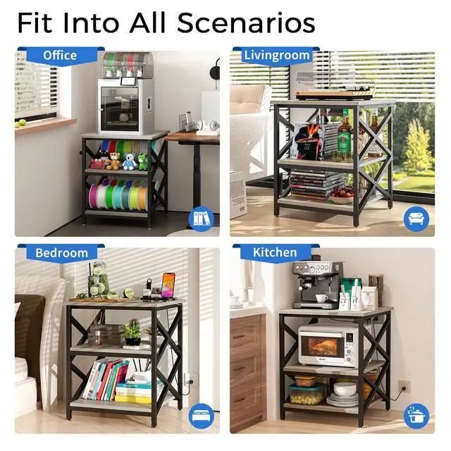 Alt view image 6 of 7 - Large Printer Stand with Power Outlet, with Height Adjustable Storage Shelf, 3 Tier Rolling Printer Cart with Industrial Wheels, 23.6 x 23.6 Inches Printer Table for Home Office, Greige