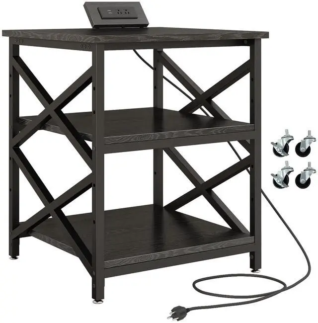Main image of Large Printer Stand with Power Outlet, with Height Adjustable Storage Shelf, 3 Tier Rolling Printer Cart with Industrial Wheels, 23.6 x 23.6 Inches Printer Table for Home Office,Black