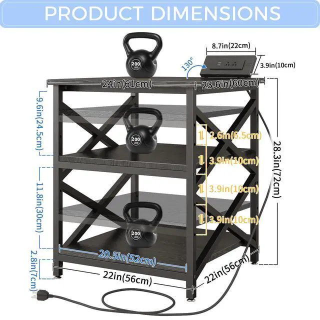 Alt view image 3 of 7 - Large Printer Stand with Power Outlet, with Height Adjustable Storage Shelf, 3 Tier Rolling Printer Cart with Industrial Wheels, 23.6 x 23.6 Inches Printer Table for Home Office,Black