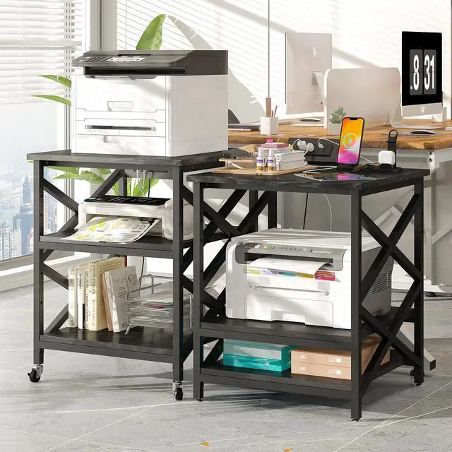 Alt view image 2 of 7 - Large Printer Stand with Power Outlet, with Height Adjustable Storage Shelf, 3 Tier Rolling Printer Cart with Industrial Wheels, 23.6 x 23.6 Inches Printer Table for Home Office,Black