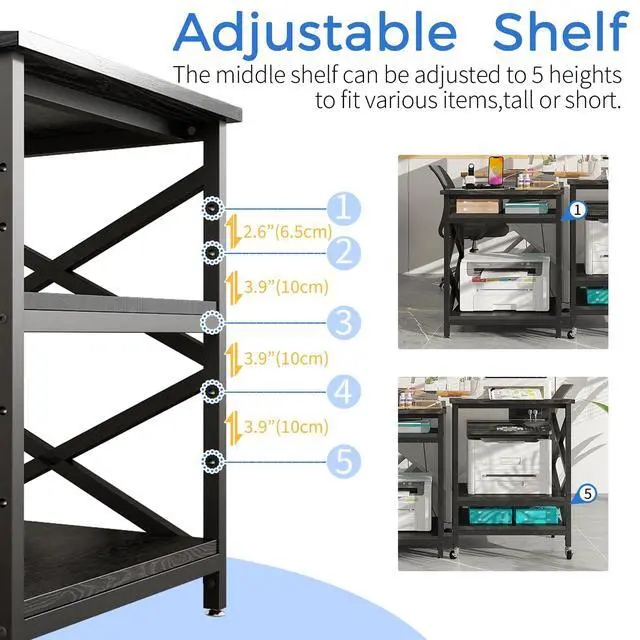 Alt view image 5 of 7 - Large Printer Stand with Power Outlet, with Height Adjustable Storage Shelf, 3 Tier Rolling Printer Cart with Industrial Wheels, 23.6 x 23.6 Inches Printer Table for Home Office,Black