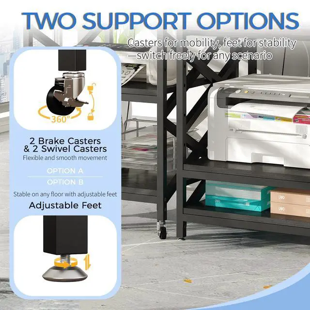 Alt view image 7 of 7 - Large Printer Stand with Power Outlet, with Height Adjustable Storage Shelf, 3 Tier Rolling Printer Cart with Industrial Wheels, 23.6 x 23.6 Inches Printer Table for Home Office,Black