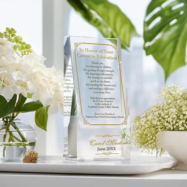 Alt view image 4 of 7 - Personalized Crystal Teacher Retirement Gift Plaque Custom Engraved with Retirees Name & Date Elegant Farewell Award for Educators, Principals, Professors & Coaches (L - 8")