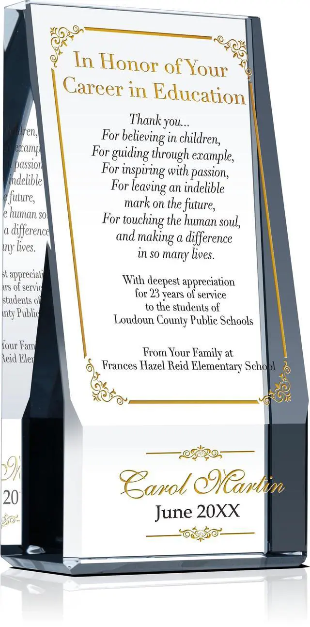 Main image of Personalized Crystal Teacher Retirement Gift Plaque Custom Engraved with Retirees Name & Date Elegant Farewell Award for Educators, Principals, Professors & Coaches (L - 8")