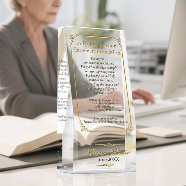 Alt view image 2 of 7 - Personalized Crystal Teacher Retirement Gift Plaque Custom Engraved with Retirees Name & Date Elegant Farewell Award for Educators, Principals, Professors & Coaches (L - 8")