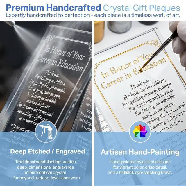 Alt view image 3 of 7 - Personalized Crystal Teacher Retirement Gift Plaque Custom Engraved with Retirees Name & Date Elegant Farewell Award for Educators, Principals, Professors & Coaches (L - 8")