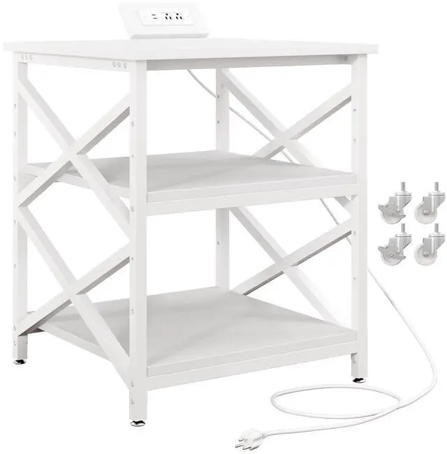 Main image of Large Printer Stand with Power Outlet, with Height Adjustable Storage Shelf, 3 Tier Rolling Printer Cart with Industrial Wheels, 23.6 x 23.6 Inches Printer Table for Home Office, White