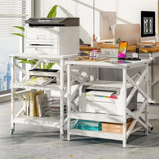 Alt view image 2 of 7 - Large Printer Stand with Power Outlet, with Height Adjustable Storage Shelf, 3 Tier Rolling Printer Cart with Industrial Wheels, 23.6 x 23.6 Inches Printer Table for Home Office, White