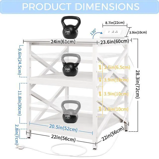 Alt view image 3 of 7 - Large Printer Stand with Power Outlet, with Height Adjustable Storage Shelf, 3 Tier Rolling Printer Cart with Industrial Wheels, 23.6 x 23.6 Inches Printer Table for Home Office, White