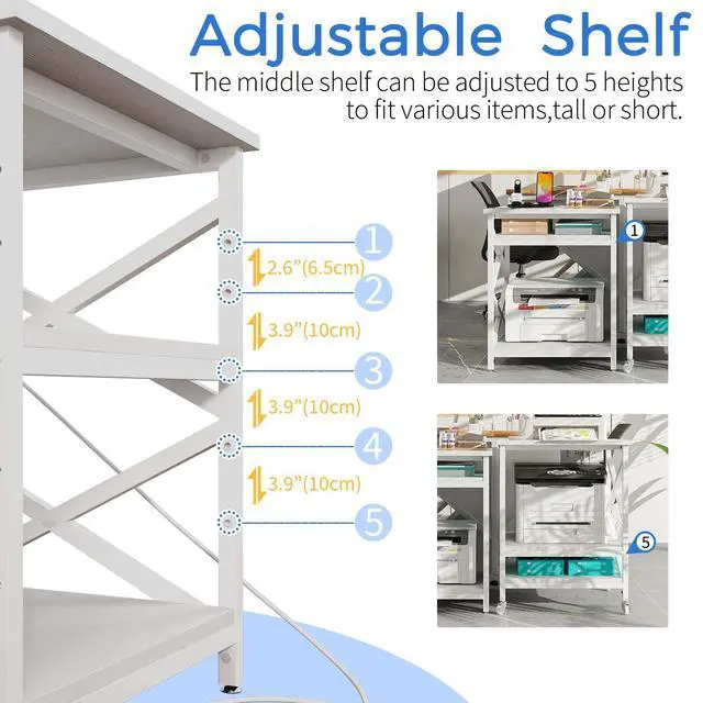 Alt view image 5 of 7 - Large Printer Stand with Power Outlet, with Height Adjustable Storage Shelf, 3 Tier Rolling Printer Cart with Industrial Wheels, 23.6 x 23.6 Inches Printer Table for Home Office, White