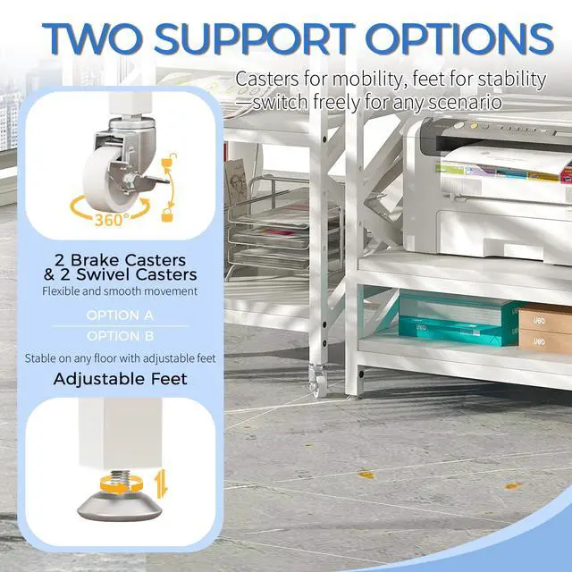 Alt view image 7 of 7 - Large Printer Stand with Power Outlet, with Height Adjustable Storage Shelf, 3 Tier Rolling Printer Cart with Industrial Wheels, 23.6 x 23.6 Inches Printer Table for Home Office, White