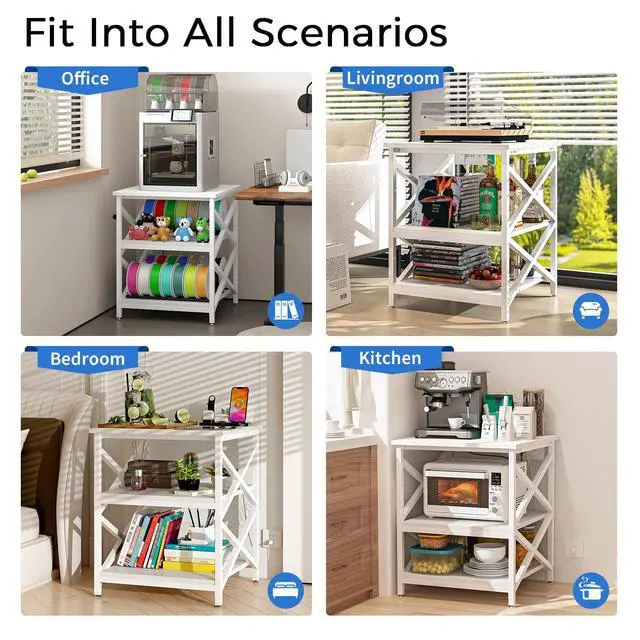 Alt view image 6 of 7 - Large Printer Stand with Power Outlet, with Height Adjustable Storage Shelf, 3 Tier Rolling Printer Cart with Industrial Wheels, 23.6 x 23.6 Inches Printer Table for Home Office, White