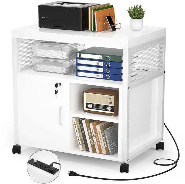 Main image of Rolling File Cabinet Lateral Office Filing Cabinets with Socket and USB Charging Port, Modern Printer Stand on Wheels, Printer Cabinet with Door and Open Storage, Lockable, White