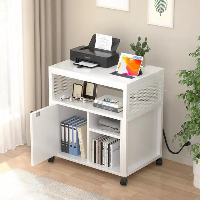 Alt view image 2 of 7 - Rolling File Cabinet Lateral Office Filing Cabinets with Socket and USB Charging Port, Modern Printer Stand on Wheels, Printer Cabinet with Door and Open Storage, Lockable, White