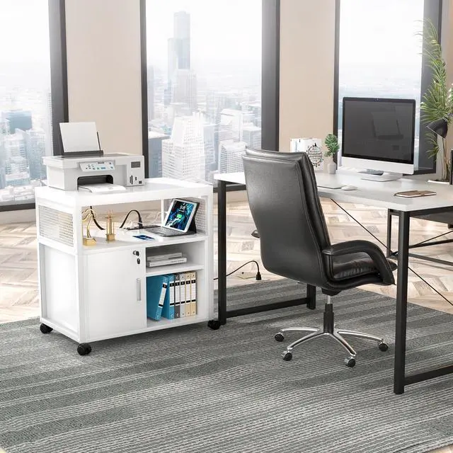 Alt view image 5 of 7 - Rolling File Cabinet Lateral Office Filing Cabinets with Socket and USB Charging Port, Modern Printer Stand on Wheels, Printer Cabinet with Door and Open Storage, Lockable, White