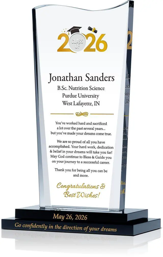 Main image of Personalized Class of 2026 Crystal Graduation Plaque Custom Engraved Gift from Parents to Son or Daughter, College or High School Graduate Keepsake (L - 9")