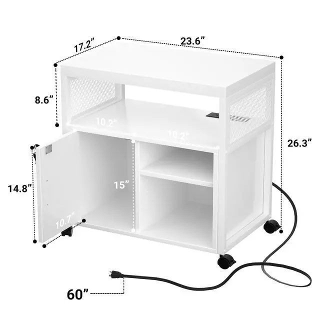 Alt view image 3 of 7 - Rolling File Cabinet Lateral Office Filing Cabinets with Socket and USB Charging Port, Modern Printer Stand on Wheels, Printer Cabinet with Door and Open Storage, Lockable, White