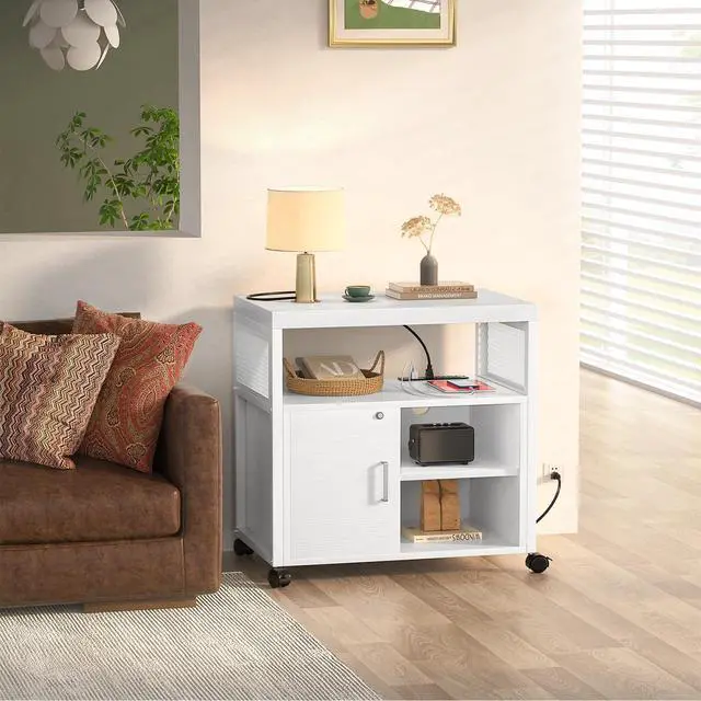 Alt view image 6 of 7 - Rolling File Cabinet Lateral Office Filing Cabinets with Socket and USB Charging Port, Modern Printer Stand on Wheels, Printer Cabinet with Door and Open Storage, Lockable, White