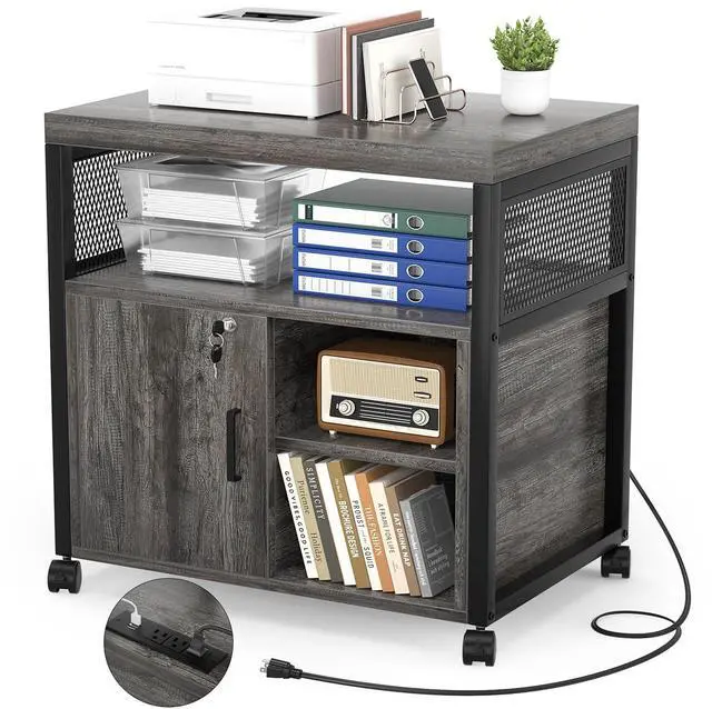 Main image of Rolling File Cabinet Lateral Office Filing Cabinets with Socket and USB Charging Port, Modern Printer Stand on Wheels Printer Cabinet with Door and Open Storage, Lockable, Black Oak