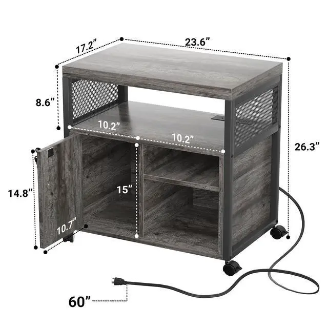 Alt view image 3 of 7 - Rolling File Cabinet Lateral Office Filing Cabinets with Socket and USB Charging Port, Modern Printer Stand on Wheels Printer Cabinet with Door and Open Storage, Lockable, Black Oak