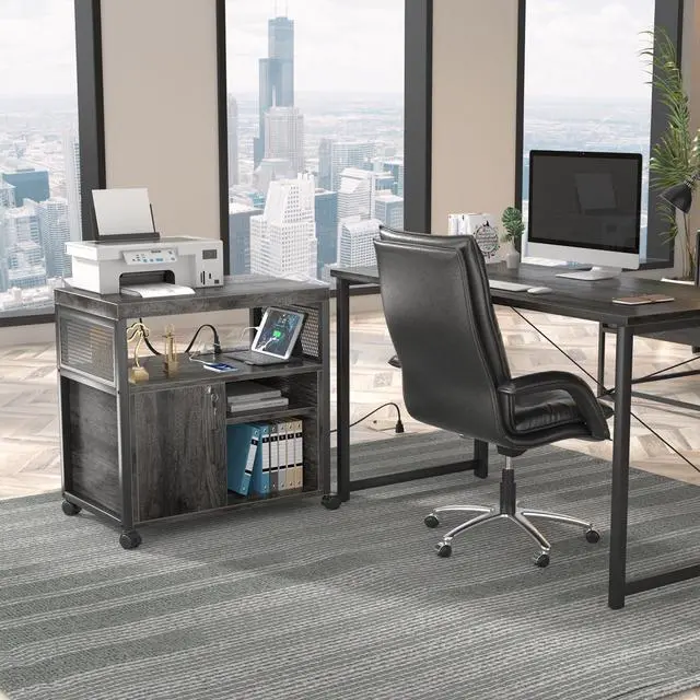 Alt view image 5 of 7 - Rolling File Cabinet Lateral Office Filing Cabinets with Socket and USB Charging Port, Modern Printer Stand on Wheels Printer Cabinet with Door and Open Storage, Lockable, Black Oak