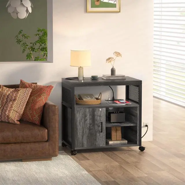 Alt view image 6 of 7 - Rolling File Cabinet Lateral Office Filing Cabinets with Socket and USB Charging Port, Modern Printer Stand on Wheels Printer Cabinet with Door and Open Storage, Lockable, Black Oak