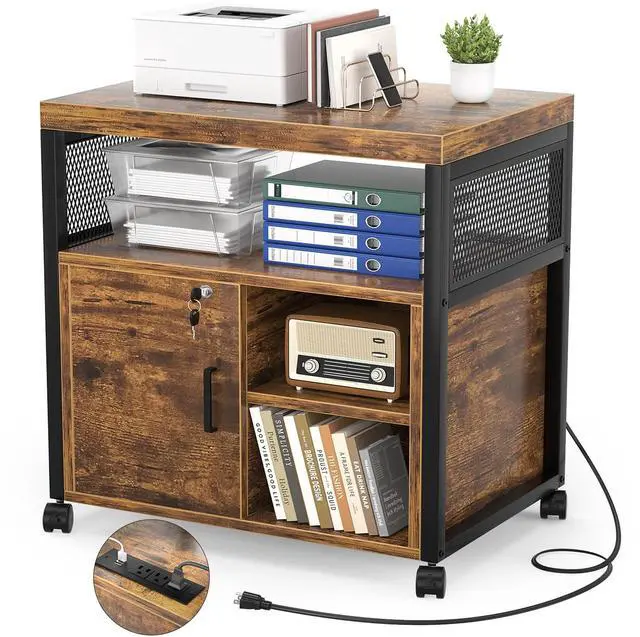 Main image of Rolling File Cabinet, Lateral Filing Cabinet on Wheels Mobile Office Printer Stand with Door and Open Storage Shelf for A4, Letter Size and Hanging File Folders, Lockable, Rustic Brown