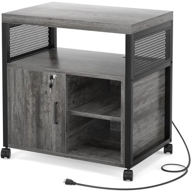 Alt view image 7 of 7 - Rolling File Cabinet Lateral Office Filing Cabinets with Socket and USB Charging Port, Modern Printer Stand on Wheels Printer Cabinet with Door and Open Storage, Lockable, Black Oak