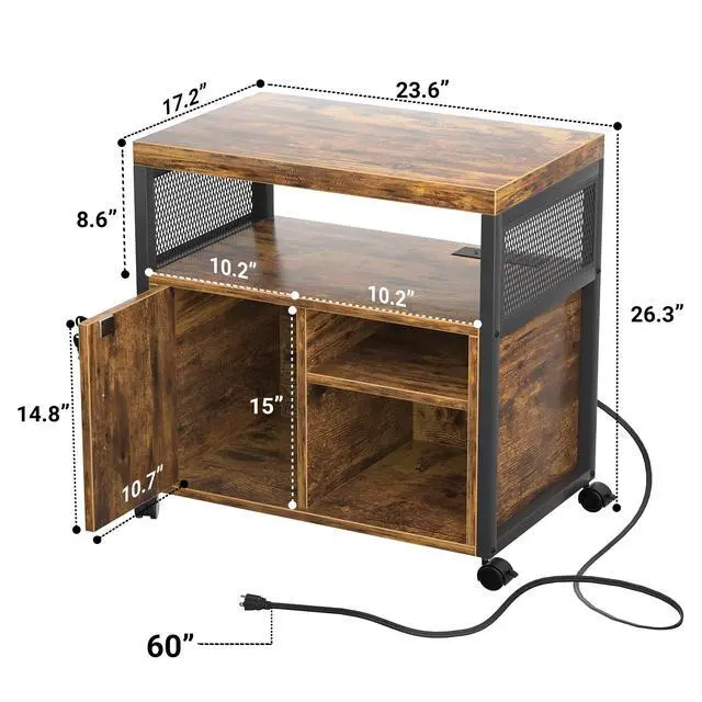 Alt view image 3 of 7 - Rolling File Cabinet, Lateral Filing Cabinet on Wheels Mobile Office Printer Stand with Door and Open Storage Shelf for A4, Letter Size and Hanging File Folders, Lockable, Rustic Brown