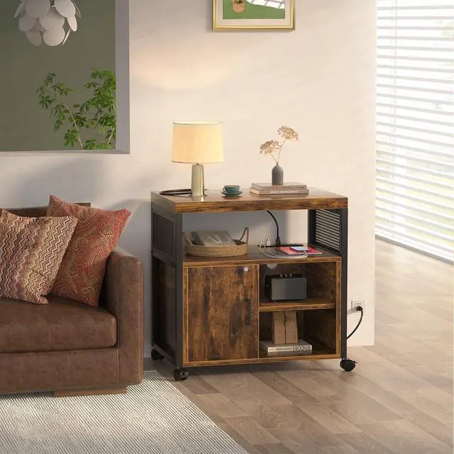 Alt view image 4 of 7 - Rolling File Cabinet, Lateral Filing Cabinet on Wheels Mobile Office Printer Stand with Door and Open Storage Shelf for A4, Letter Size and Hanging File Folders, Lockable, Rustic Brown
