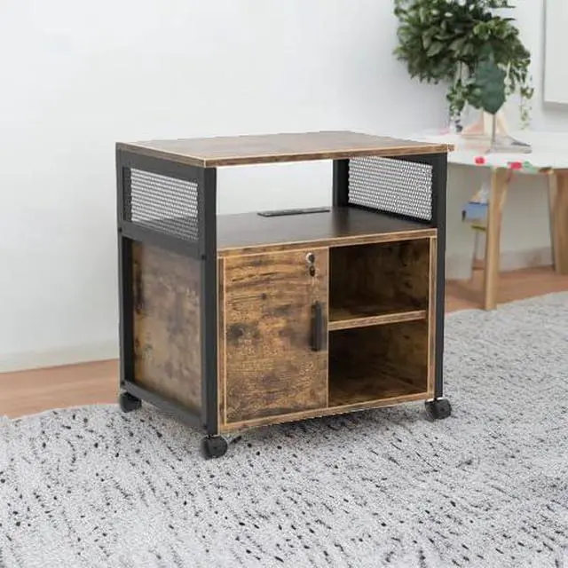Alt view image 6 of 7 - Rolling File Cabinet, Lateral Filing Cabinet on Wheels Mobile Office Printer Stand with Door and Open Storage Shelf for A4, Letter Size and Hanging File Folders, Lockable, Rustic Brown
