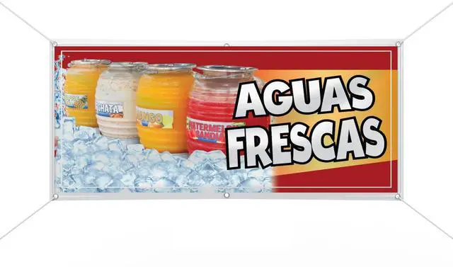Main image of Aguas Frescas Vinyl Banner advertising Sign Full color indoor outdoor Homemade Waters Signs Horchata Signs Melon Sign (3' x 15')