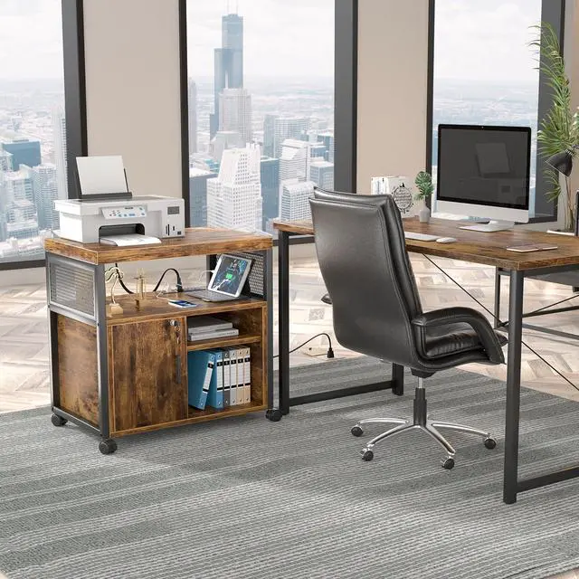 Alt view image 7 of 7 - Rolling File Cabinet, Lateral Filing Cabinet on Wheels Mobile Office Printer Stand with Door and Open Storage Shelf for A4, Letter Size and Hanging File Folders, Lockable, Rustic Brown