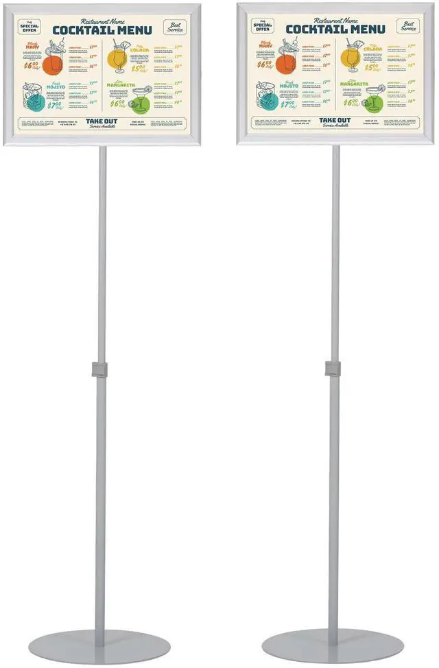 Main image of Pedestal Adjustable Telescoping Menuboard, Aluminum Profile, Silver Double Sided Slide-In Poster Frame, 11x17 inch Document, Brochure, Sign Holder (Silver - 2 Pack)