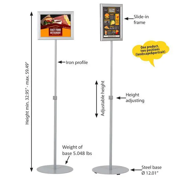 Alt view image 2 of 7 - Pedestal Adjustable Telescoping Menuboard, Aluminum Profile, Silver Double Sided Slide-In Poster Frame, 11x17 inch Document, Brochure, Sign Holder (Silver - 2 Pack)