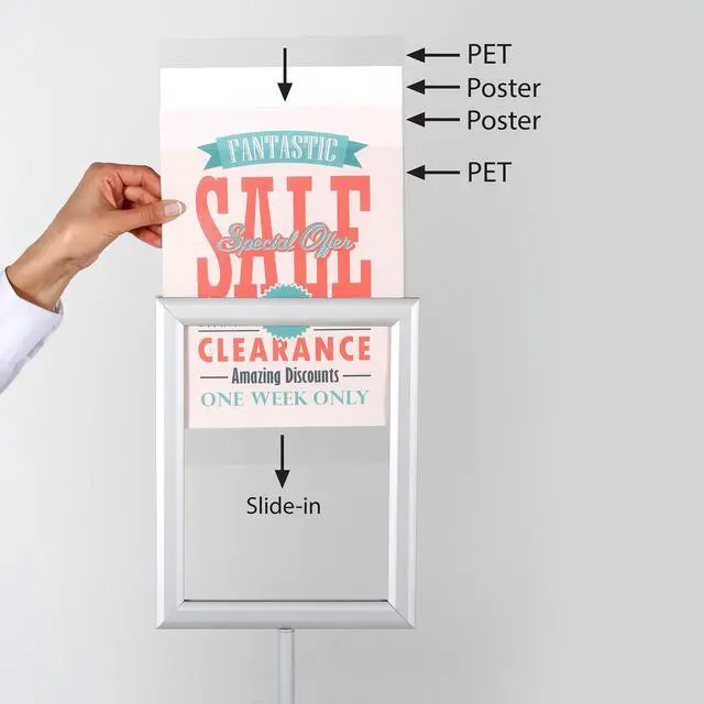 Alt view image 3 of 7 - Pedestal Adjustable Telescoping Menuboard, Aluminum Profile, Silver Double Sided Slide-In Poster Frame, 11x17 inch Document, Brochure, Sign Holder (Silver - 2 Pack)