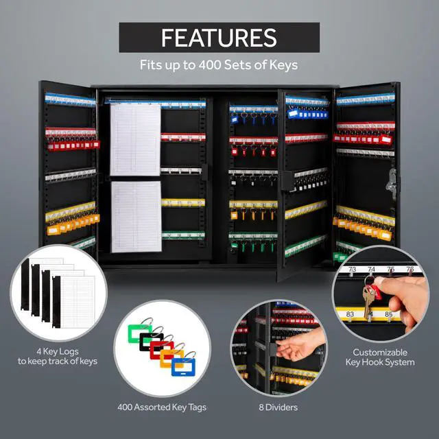 Alt view image 3 of 7 - 400 Position Steel Key Cabinet - Organize and Secure Key Storage Lock Box with Numbered Hooks and Tags for Valets, Hotel, Office, Car Dealerships and More (K400) (Black)