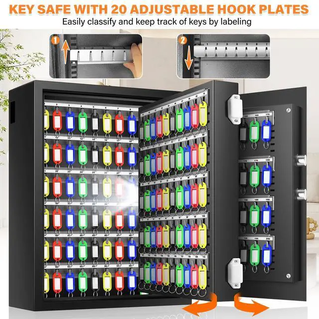 Alt view image 4 of 7 - 200 Keys Fireproof Key Safe with Hook Plates and Key Tags, Anti-Theft Key Lock Box Wall Mount with Combination Lock, Heavy Duty Key Box Key Cabinet Key Organizer for Home Office Garage