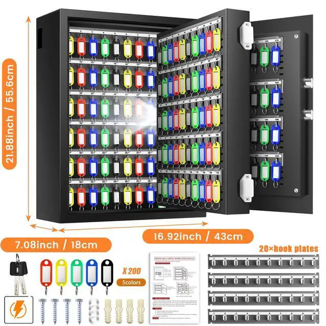 Alt view image 2 of 7 - 200 Keys Fireproof Key Safe with Hook Plates and Key Tags, Anti-Theft Key Lock Box Wall Mount with Combination Lock, Heavy Duty Key Box Key Cabinet Key Organizer for Home Office Garage