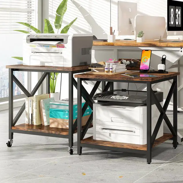 Alt view image 2 of 7 - Large Printer Stand with Power Outlet, with Storage Shelf, 2 Tier Rolling Printer Cart with Industrial Wheels, 23.6 x 23.6 Inches Printer Table for Home Office,Rustic Brown
