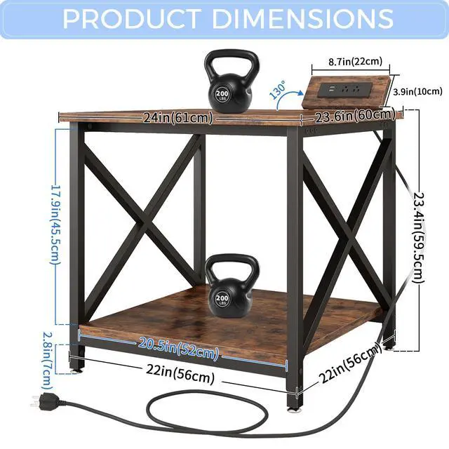 Alt view image 3 of 7 - Large Printer Stand with Power Outlet, with Storage Shelf, 2 Tier Rolling Printer Cart with Industrial Wheels, 23.6 x 23.6 Inches Printer Table for Home Office,Rustic Brown