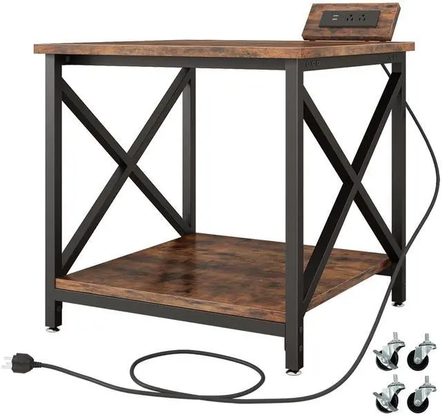 Main image of Large Printer Stand with Power Outlet, with Storage Shelf, 2 Tier Rolling Printer Cart with Industrial Wheels, 23.6 x 23.6 Inches Printer Table for Home Office,Rustic Brown