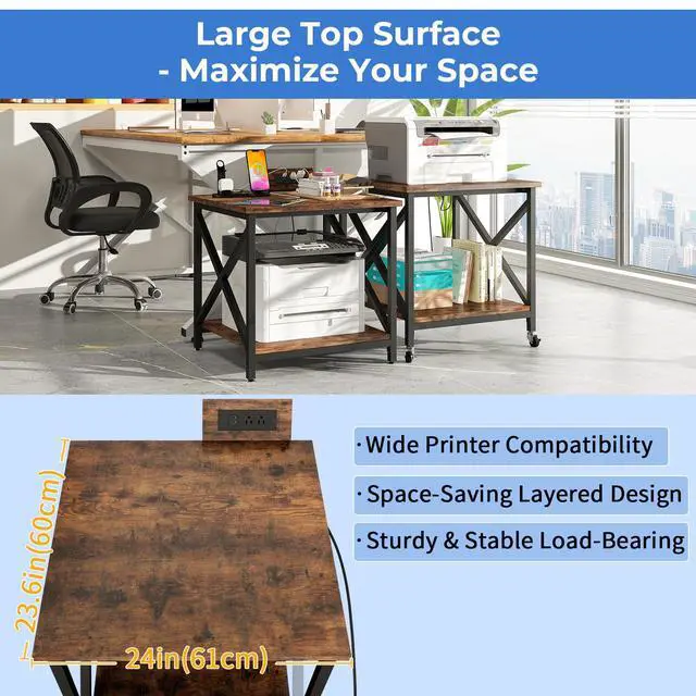 Alt view image 7 of 7 - Large Printer Stand with Power Outlet, with Storage Shelf, 2 Tier Rolling Printer Cart with Industrial Wheels, 23.6 x 23.6 Inches Printer Table for Home Office,Rustic Brown